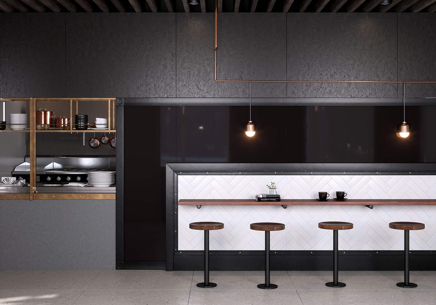 Striking black and white cafe kitchen and bar