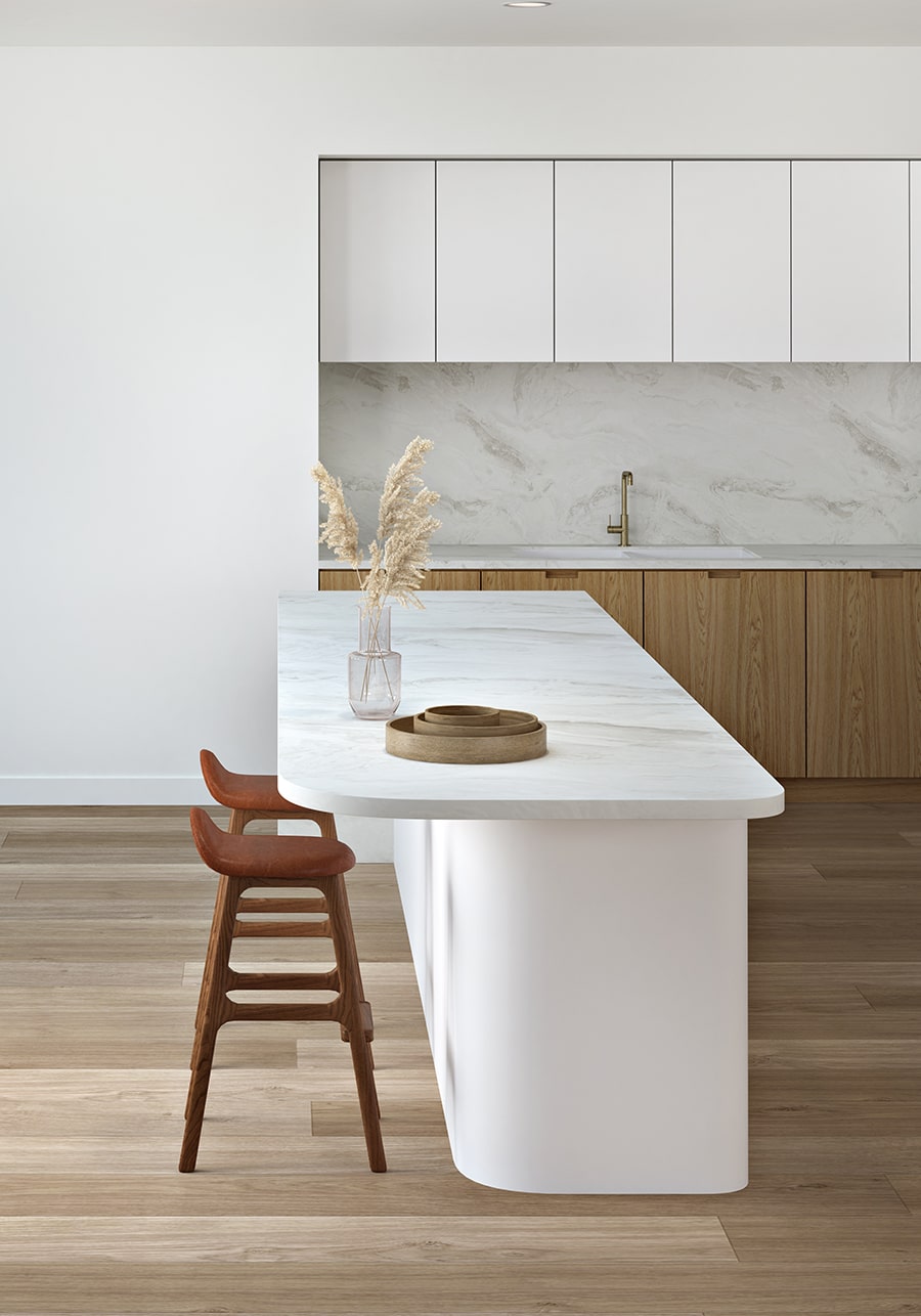 Light-bright-kitchen-featuring-Pietra-Cloud-Benchtop-and-Splashback