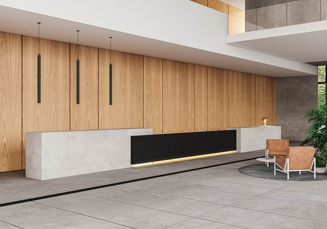 Natural wood grain reception area